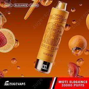Un appareil de vapotage décoratif avec un revêtement en cuir étiqueté « MOTI ELEGANCE 20000 PUFFS PEACHICE », entouré de tranches de fruits comme l'orange et la fraise, et de gouttelettes flottantes sur un fond dégradé orange.