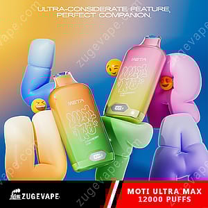 Färgglada vape-enheter med en gradientdesign märkta "META" och "Strawberry Kiwi", omgivna av lekfulla 3D-armar och emoji-ansikten, som visar upp varumärket "MOTI ULTRA MAX 12000 Puffs".