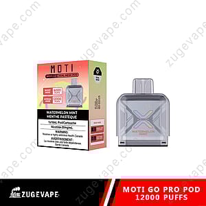 Embalaje de un MOTI Go Pro Pod 12000 con sabor a sandía y menta, con detalles que indican que contiene un pod capaz de brindar 12 000 bocanadas en modo normal y 6 000 bocanadas en modo boost.