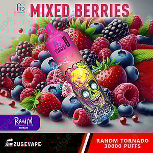 Un dispositivo per svapare colorato con un design rosa e viola con una grafica a forma di teschio, circondato da un assortimento di frutti di bosco misti tra cui fragole, mirtilli, lamponi e more. Il testo "MIXED BERRIES" è ben visibile in alto.