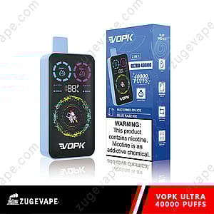 En vaping-enhet som visas i en elegant design, med en digital skärm som visar batteritid och antal bloss, med förpackning bredvid. Enheten marknadsförs som "VOPK ULTRA 40000 Puffs" i smaker som Watermelon Ice och Blue Razz Ice. En varning om nikotinhalt finns på förpackningen.