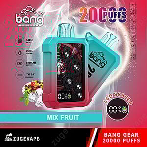 Färgglad engångsvape-enhet med en LCD-skärm, märkt "Bang Gear 20000 Puffs", med blandad fruktsmak, 25 ml volym, 500 mAh batteri, Type-C laddning och 1,0 Ω mesh spole.