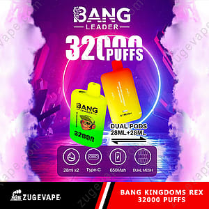 Der Bang Kingdoms Rex 32000 in leuchtenden Farben umfasst ein gelb-orangefarbenes Gerät mit der Aufschrift „BANG LEADER“ und „32.000 PUFFS“. Das Design umfasst Text mit der Hervorhebung „DUAL PODS 28ML+28ML“ und Symbole, die Funktionen wie Typ-C-Laden, einen 650-mAh-Akku und Dual-Mesh-Technologie vor einem lebendigen abstrakten Hintergrund kennzeichnen.