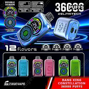 Un'immagine promozionale per la sigaretta elettronica usa e getta Bang King Constellation che presenta più unità nei colori blu, rosa e verde, evidenziando caratteristiche come doppio schermo, 36.000 tiri, 12 aromi, flusso d'aria toccabile e specifiche tra cui doppia bobina a rete, capacità di 30 ml, batteria da 650 mAh e ricarica Type-C.
