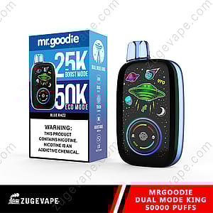 Confezione e dispositivo del vaporizzatore Mr. Goodie Dual Mode King con 2500 tiri in modalità Boost e 5000 tiri in modalità Eco, visualizzati insieme a una grafica dettagliata a tema UFO sul dispositivo.