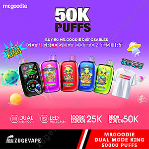Colorful advertisement for Mr.Goodie Dual Mode King 50000 Puffs disposable vapes featuring various vape designs, text highlighting 50,000 puffs, dual mesh coil, LED screen, and a promotion for a free cotton T-shirt with purchase.