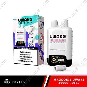 Embalaje y dispositivo de vapeo UWake de 30.000 bocanadas con sabor a White Peach Sakura Ice, con opciones de inhalación nasal y bucal, y una advertencia sobre la adicción a la nicotina destacada.