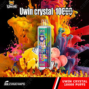 Ein farbenfrohes Werbedesign für Uwin Crystal Vape mit lebendigen abstrakten Spritzern, Fruchtillustrationen und dem Text „Uwin Crystal 10000 Puffs“.