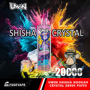 Werbung mit UWIN Shisha Crystal mit Erdbeereisgeschmack, umgeben von leuchtenden Explosionen aus farbigem Pulver, Kapazität für 20.000 Züge und einem Zeichentrickaffen, der mit Sonnenbrille und Hut Pfeife raucht.