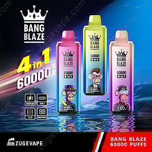 Three colorful Bang Blaze disposable vape devices featuring cartoon monkeys and product stats such as 60,000 puffs, digital display, 650mAh battery, and Type-C charging, with branding for Zugevape.