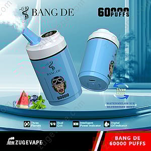 Promotional image for ZUGE VAPE's blue BANG DE disposable vape device featuring 60,000 puffs, three flavors (watermelon ice, blueberry, mint), dual coil, digital oil and power indicators, with some fruit ingredients shown in the foreground.