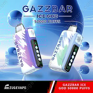 Two Gazzbar Ice God disposable vape devices with digital displays, shown in pastel colors against a futuristic blue abstract background, advertising 50,000 puffs by Zugevape.