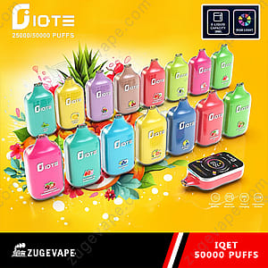 Colorful Diote IQET disposable vape devices displayed in rows with fruit graphics, highlighting 25,000/50,000 puffs, 38ml e-liquid capacity, RGB light, and branding for Zugevape.