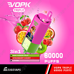 Promotional image for VOPK Triple vape in pink and green, showing a cartoon tiger, surrounded by strawberries, kiwi, and passion fruit, with text highlighting 60,000 puffs and three flavors: kiwi passion fruit, strawberry cherry, and love66.