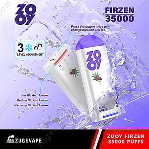 Promotional image for the ZOOY Firzen 35000 disposable vape, featuring two devices with purple caps and Aloe Grape flavor, highlighting three adjustable nicotine and ice levels and water splash graphics on a purple background.