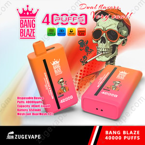 Image promotionnelle pour la vape jetable Bang Blaze avec 40 000 bouffées, montrant deux appareils orange et rose, les spécifications du produit et un squelette stylisé fumant avec des lunettes de soleil et une casquette.