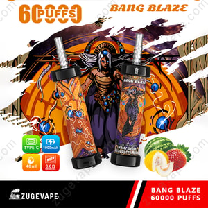 Appareils de vapotage Bang Blaze colorés avec des motifs artistiques fantastiques et des graphismes de saveurs, mettant l'accent sur la pastèque, la fraise et le melon, ainsi que des fonctionnalités de produit telles que 60 000 bouffées, une batterie de 1 000 mAh et une bobine en maille.