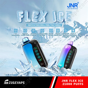 Two JNR Flex Ice vape devices with a blue and purple gradient design are displayed among ice shards against a snowy, mountainous background, highlighting features like adjustable airflow, touch screen, 21000 puffs, 1000mAh battery, and Type-C charging.