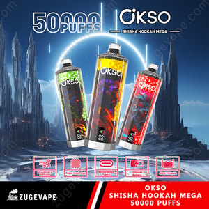Imagen promocional del vaporizador desechable OKSO Shisha Hookah Mega, que presenta tres dispositivos de vaporizador coloridos con gráficos, aspectos destacados de 50,000 bocanadas, flujo de aire ajustable, bobina de triple malla, tipo C recargable, batería de 1100 mAh y 40 ml de e-líquido contra un fondo de paisaje montañoso futurista.