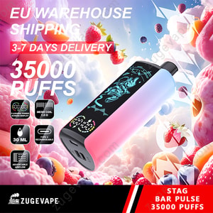 Dispositif de vape coloré avec écran numérique montrant graphique et nombres, entouré de baies et de nuages ​​flottants, avec du texte mettant en évidence l'expédition de l'entrepôt de l'UE, une livraison de 3 à 7 jours, 35000 bouffées et des caractéristiques comme 30 ml de capacité, une bobine en maille 1,0 ohm, une impulsion de stagne de type C.