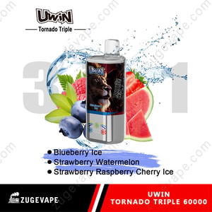 Uwin Tornado Triple Vape -apparaat met smaken bosbessenijs, aardbeienwatermeloen en aardbei -frambozenkersijs, afgebeeld met afbeeldingen van bosbessen, aardbeien, watermeloenplakken, frambozen en spatten van water achter het apparaat.