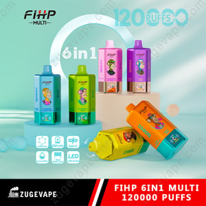 Six flacons FIHP 6in1 Multi vape en bleu, vert, rose, violet, orange et jaune disposés sur des socles pastel sur un fond sarcelle avec un grand anneau circulaire, affichant le graphique « 6in1 » et le texte « 120 000 bouffées ».
