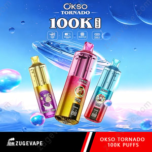 Trio di bottiglie di vaporizzatore OKSO Tornado 100K Puffs su sfondo blu cosmico con sfere fluttuanti e uno striscione inferiore nero con scritto ZUVEGAPE e OKSO TORNADO 100K PUFFS