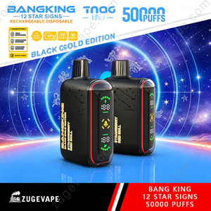 Two Black Vape Devices With Digital Displays And Red Trim Stand On A Blue Surface Against A Starry, Futuristic Background; Packaging Text Includes Bangking Black Gold Edition And 50000 Puffs.