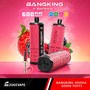 Home 11 Bangking Shisha 6000 Puffs Vaping Devices With Pink Textured Bottles, Black Caps, And Fruit Background Including Strawberries And Berries, Against A Pink Gradient Backdrop.