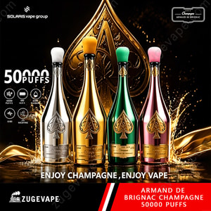 Home 11 Luxurious Champagne Bottles In Silver, Gold, Green, And Pink With Ornate Spade Emblems, Set Against A Dark Background With Gold Splashes. Text Highlights “50000 Puffs” And “Enjoy Champagne, Enjoy Vape.” Brand Logos Appear At Edges.