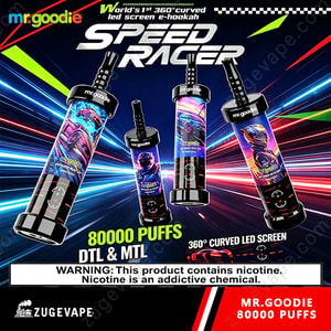 Colorful Promotional Image For Mr. Goodie Speed Racer Vaping Devices, Showing Four Curved Led Screen E-Hookahs With Vibrant Graphics And “80000 Puffs” Text, Warning Label At Bottom.
