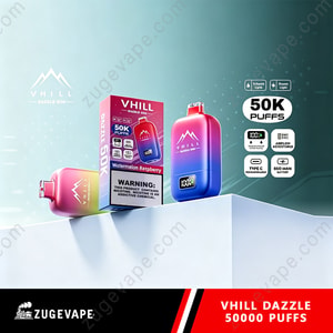 Vhill Dazzle Vape Packaging With Pink-To-Blue Gradient Bottles On A White Pedestal, Branded Box And “50K Puffs” Badge In Foreground.
