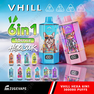 Vhill 6In1 Hexa 30000 Puffs Vape Device Promo With Colorful Bottles, Blue And Pink Hex1 Devices, Cartoon Dog And Fox Illustrations, Multiple Small Bottles In Line, Bold Green Text 6In1 And 10Style Banner, Ze Vape Branding At Bottom