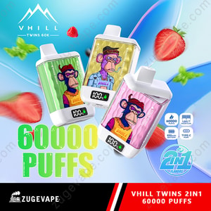 Three Colorful Whill Twins 2In1 Vape Pouches With Cartoon Monkey Characters, Set Against A Blue Gradient Background With Fruit Graphics And Bold “60000 Puffs” Text.