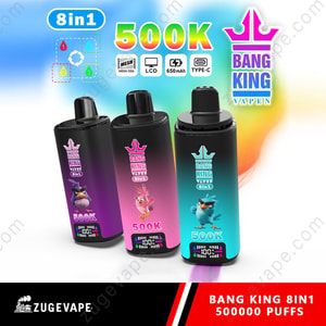 Home 11 Three Bang King 8In1 500K Vape Bottles In Black/Purple/Pink/Blue With Colorful Labels, Showcasing 500K Capacity And 650Mah Features Against A Bright Gradient Background.