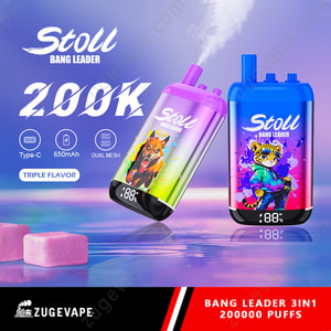 Imagen promocional llamativa en la que aparecen dos dispositivos de vapeo de colores con diseños de tigres de dibujos animados, con las marcas «Stoll Bang Leader», «2.0K», «triple sabor» y «650 mAh dual mesh», sobre un fondo costero con un degradado de morado a azul y esponjas rosas.