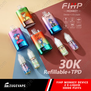 Colorful Fihp Monkey E-Liquid Bottles Arranged On A Two-Tone Backdrop With A “30K Refillable+Tpd” Label And A Zugetvape/ Fihp Branding Strip At The Bottom.