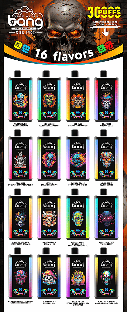 &Quot;Bang 30000 Puffs Pro Disposable Vape-collectie met 16 smaken, elk met een levendige verpakking met schedelmotief, met smaaknamen als Watermelon Blueberry Mint, Sour Apple Blueberry Raspberry en Red Bull Strawberry Mango.&Quot;