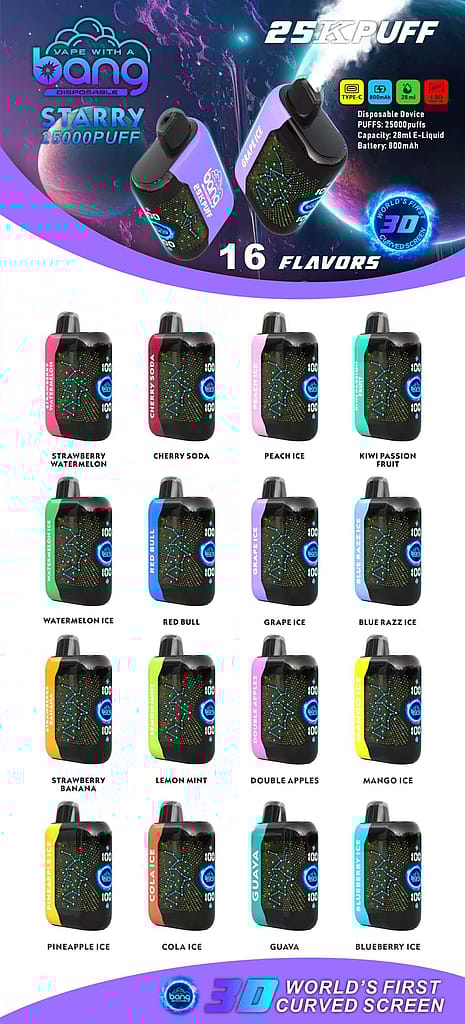 Kleurrijke promotieafbeelding van &Quot;Bang Starry&Quot; wegwerp-vapes met 16 smaken en kenmerken zoals 25.000 trekjes, 3D-gebogen scherm en 800 mAh-batterij.