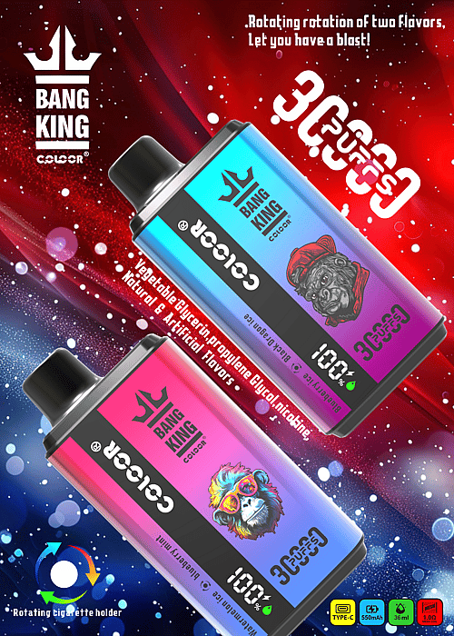 Imagen promocional de los dispositivos Bang King Color Vape con sabores duales vibrantes, 30 000 bocanadas, carga tipo C y batería de 550 Mah, resaltada con fondos coloridos y detalles del producto.