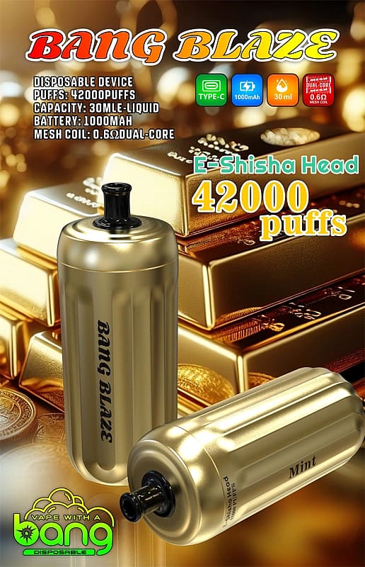 Kampanjbild för Bang Blaze disponibel e-shisha-enhet i guldfärg, annonserad med 42 000 puffkapacitet, mintsmak och 1 000 mah batteri vid sidan av produktspecifikationer och en bakgrund av guldtackor.