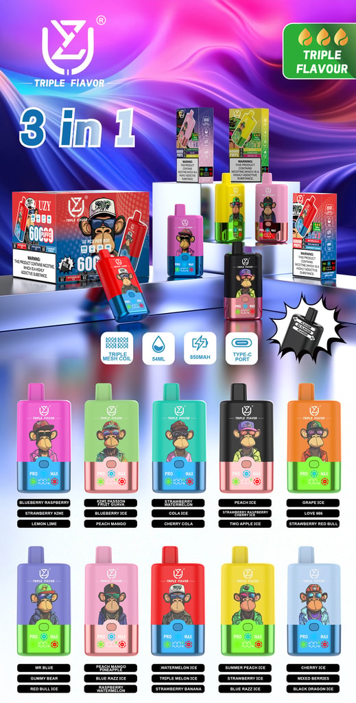Uzy 60000 パフ 60K トリプルフレーバー 3 In 1 使い捨て VAPE 10 Uzy 60000パフのプロモーション画像トリプルフレーバー3カラフルな蒸気製品、モンキー漫画グラフィックス、さまざまなフレーバーの組み合わせ、製品パッケージ、トリプルメッシュコイル、5.4ml容量、850mAhバッテリー、タイプCポートなどの主要な機能を備えた1つの使い捨て蒸気装置デバイス。