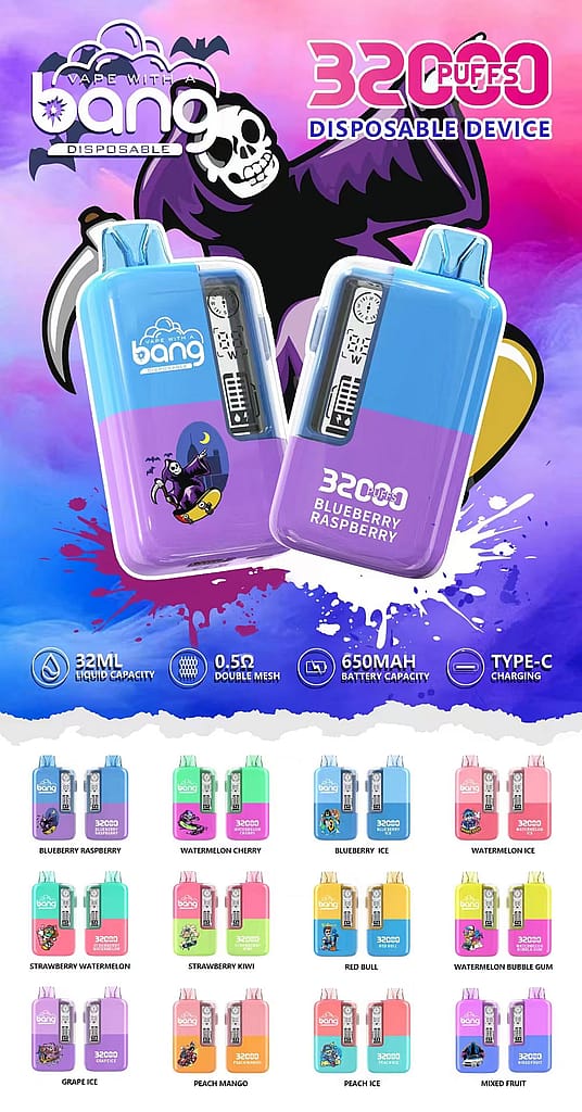 Kleurrijke wegwerp-vape-apparaten met het label 'Bang', met 3200 trekjes, een vloeistofcapaciteit van 32 ml, een batterij van 650 mAh, opladen via type C en verschillende smaken, waaronder bosbes, framboos, watermeloen, kers, aardbei en watermeloen, en meer, weergegeven met levendige afbeeldingen en illustraties van smaken.