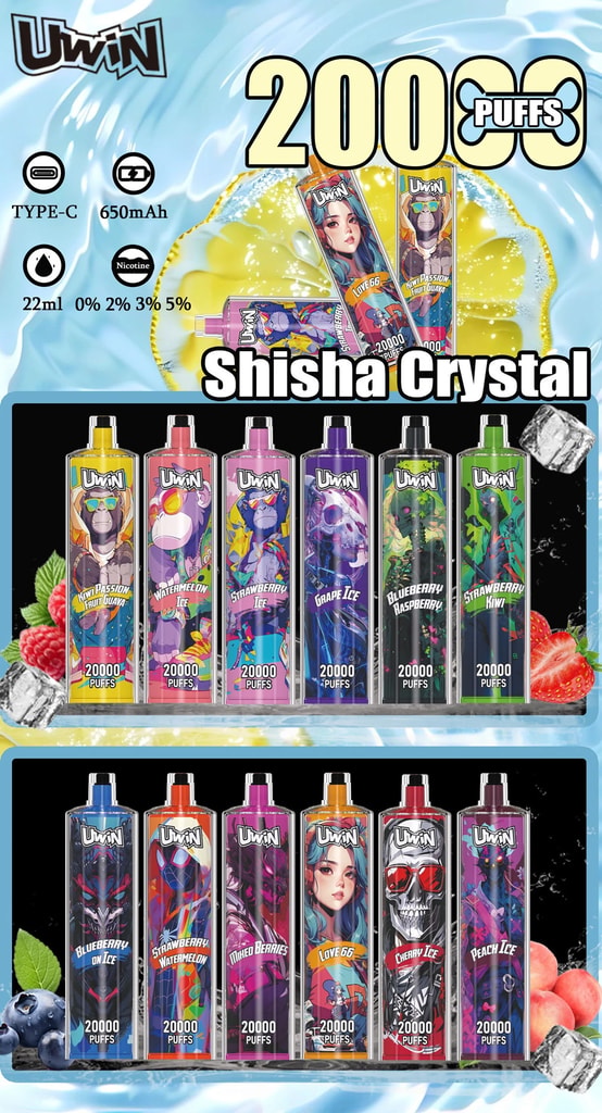 Uwin Shisha Hookah Crystal 20000 Puffs 20K Vape jetable 15 Affiche promotionnelle pour les vapes jetables Uwin Shisha Crystal, mettant en évidence des fonctionnalités telles que 20 000 bouffées, une capacité de 22 ml et une charge de type C, avec plusieurs variétés de saveurs, notamment la glace à la pastèque, la glace au raisin et la glace à la cerise, entourées d'images de fruits et de glace.