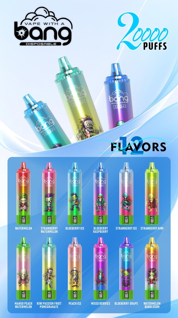 Bang Blaze 20000 Puffs Led Display Tornado 20K Rechargeable Disposable Vapes Pen 13 Graphic Showcasing Bang Blaze Disposable Vapes, Highlighting A Variety Of Colors And Flavors With A Focus On &Quot;20000 Puffs&Quot; And &Quot;12 Flavors&Quot; Available.