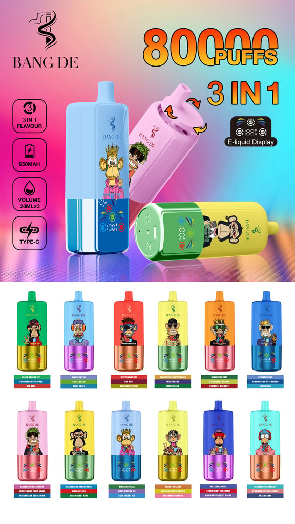 Immagine promozionale per le sigarette elettroniche usa e getta Bang De 3 in 1 con dispositivi di svapo colorati con illustrazioni di scimmie dei cartoni animati, affermazioni sul prodotto come 80.000 tiri, batteria da 650 mAh, capacità di e-liquid 20 ml x 3 e varie combinazioni di aromi visualizzate in basso.