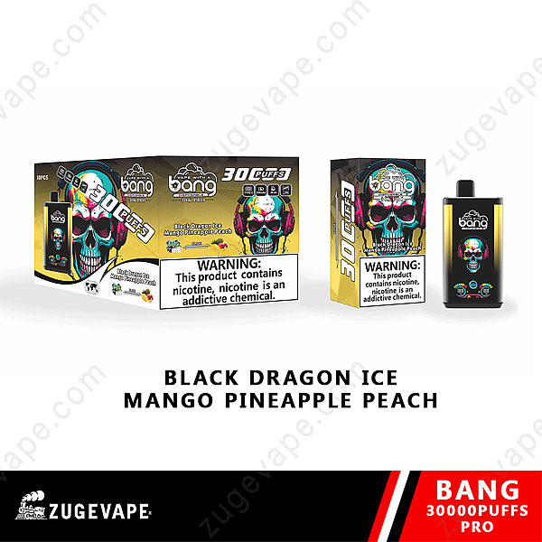 Empaque desechable para vapear Bang 30000 Puffs Pro con diseño de calavera y sabores Black Dragon Ice, mango, piña y melocotón.