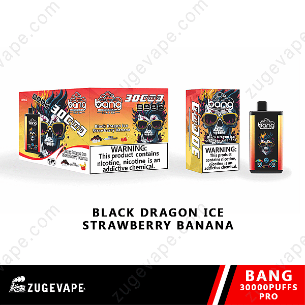 Dispositivo y caja de vapeo Bang 30000 Puffs con sabor a fresa y plátano Black Dragon Ice, con diseño de calavera con gafas de sol y gráficos de llamas. La etiqueta de advertencia sobre la nicotina como sustancia química adictiva es visible.