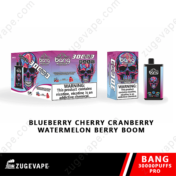 Empaque para vapear Bang 30000Puffs Pro con un diseño de calavera vívido, etiquetas de advertencia sobre la adicción a la nicotina y sabores enumerados como arándano, cereza, arándano rojo, sandía y baya Boom.