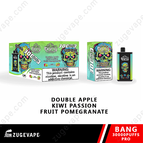 Envase desechable Bang con un diseño de calavera colorido, con los sabores manzana doble, kiwi, maracuyá y granada, etiquetado para 30 000 bocanadas. Mensaje de advertencia sobre el contenido de nicotina. Logotipo de la marca "Zugevape" en la parte inferior.